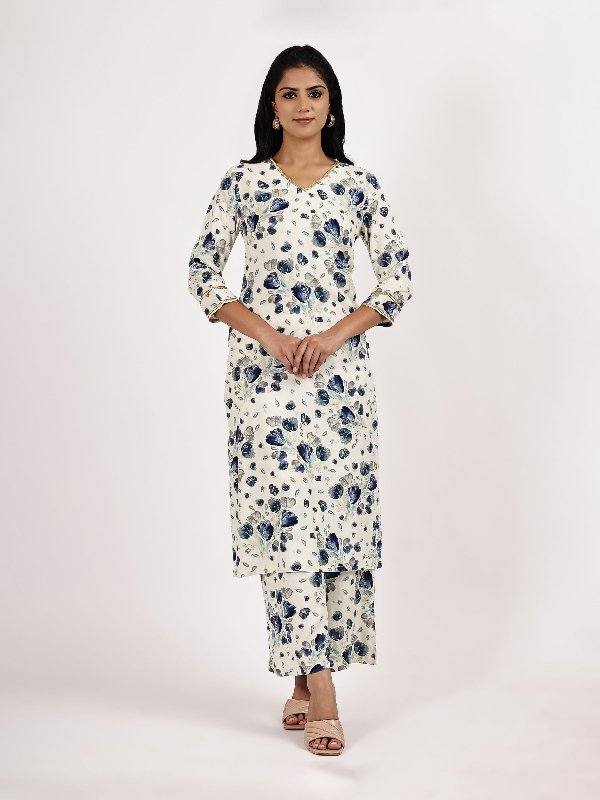 White & Blue Floral Printed Kurta with Pant