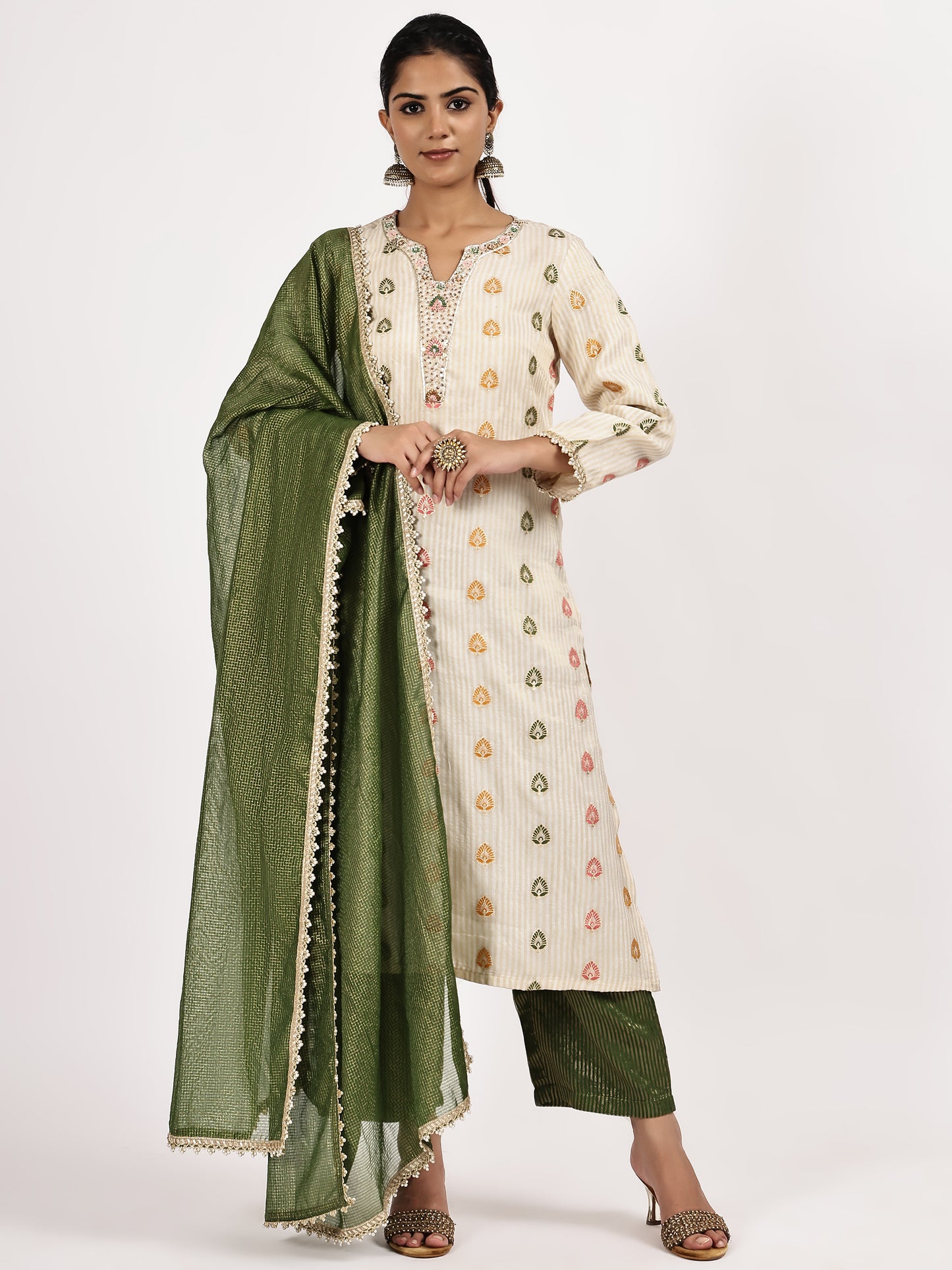 Beige Printed Kurta Set with Green Dupatta