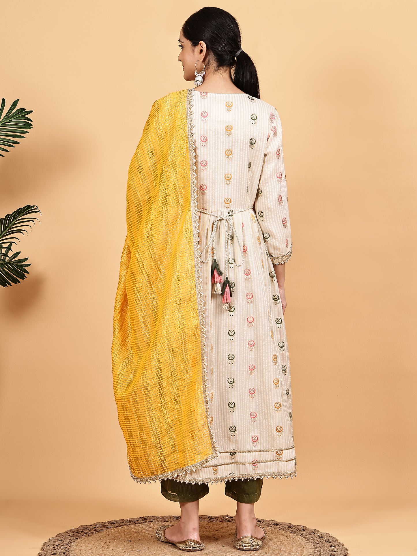 Cream Anarkali-style kurta set with Contrast Mustard Dupatta