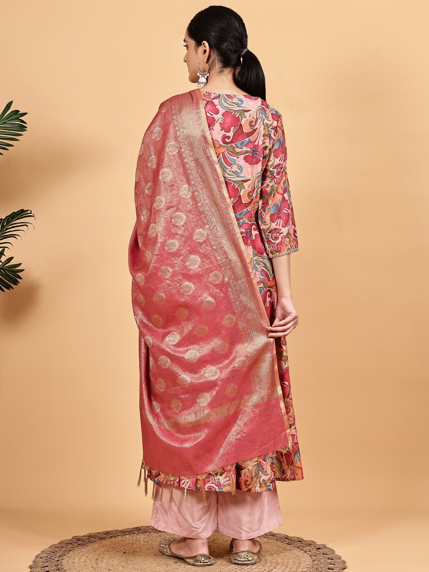 Multicolor Printed Kurta with Pink Banarasi Dupatta