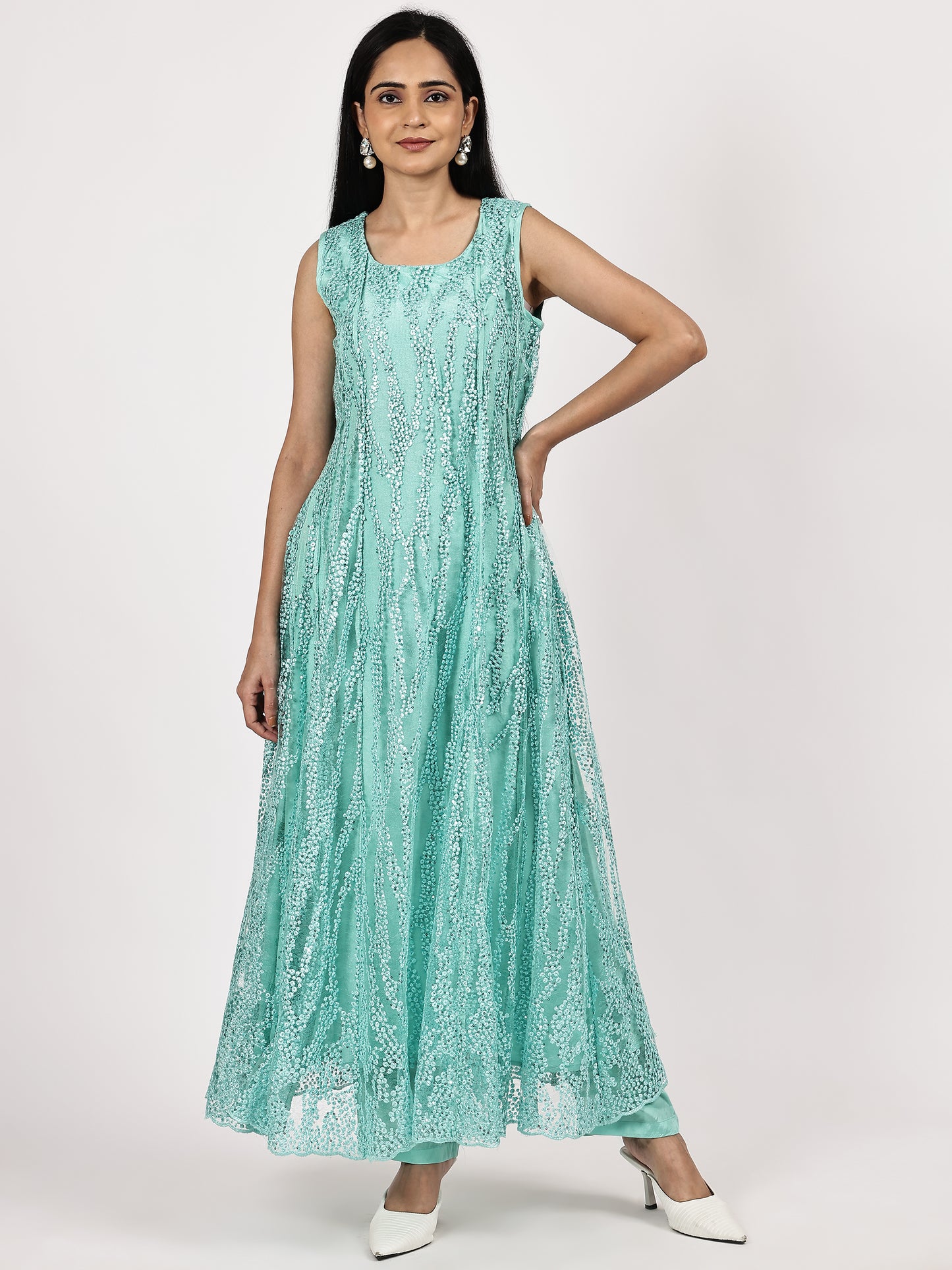 Aqua Blue Sleevles Embroidered Anarkali Set with Olive Organza Dupatta