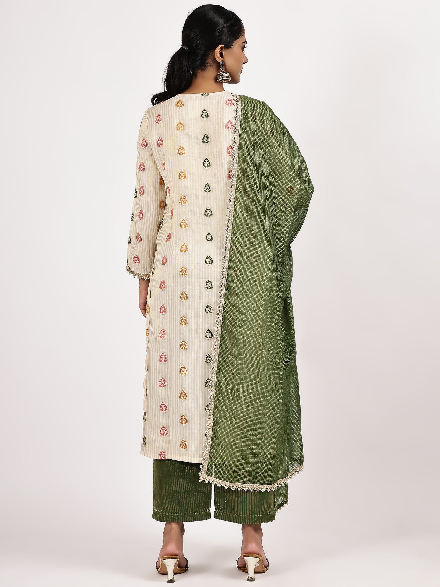 Beige Printed Kurta Set with Green Dupatta