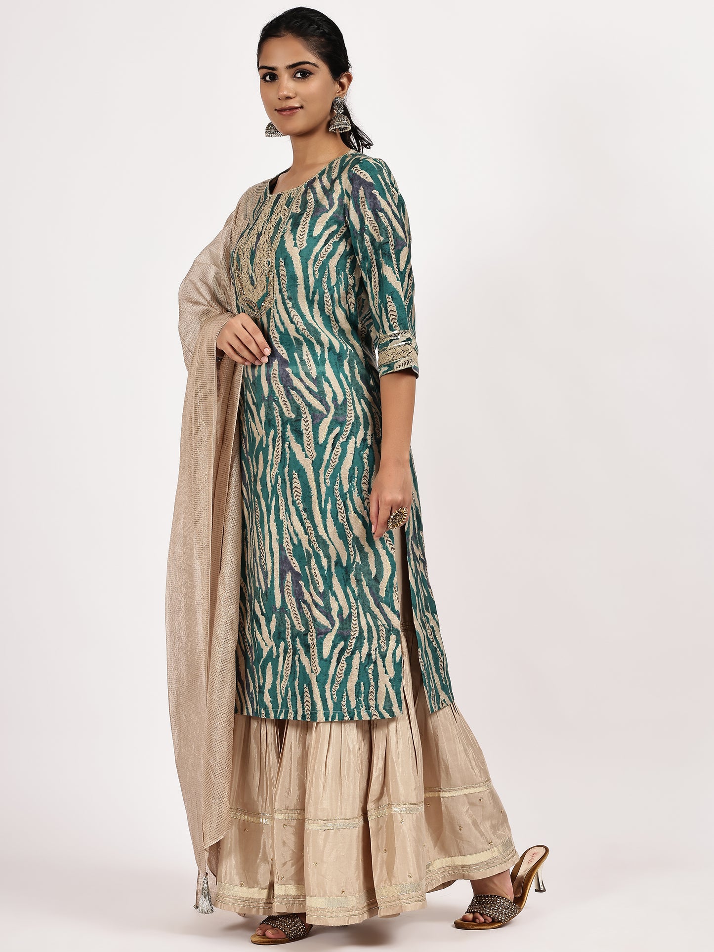 Teal Printed Kurta Set with Dupatta