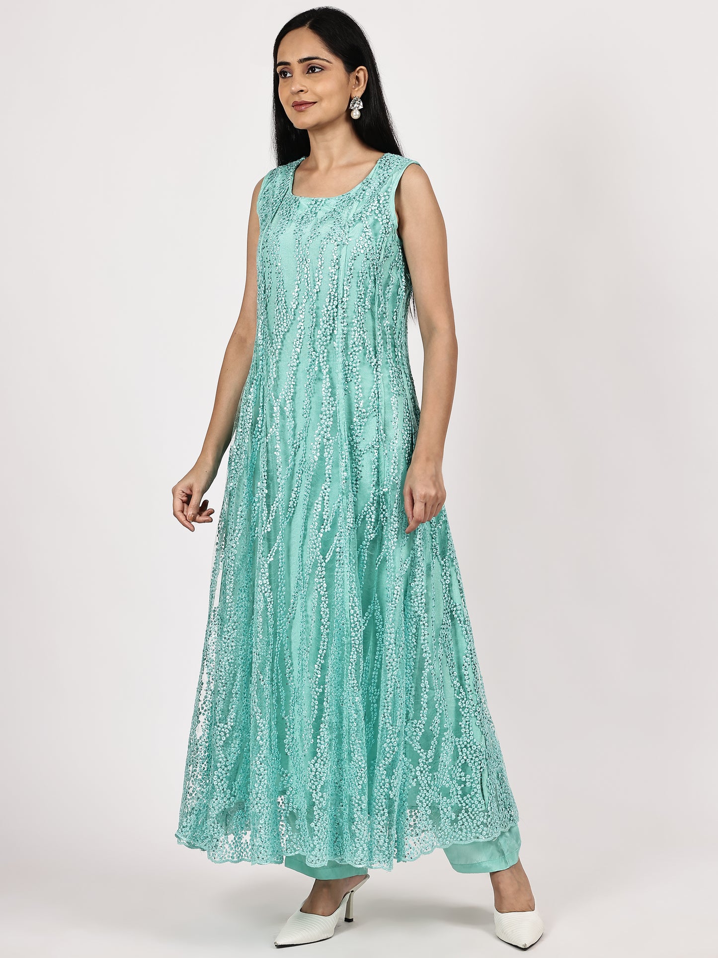 Aqua Blue Sleevles Embroidered Anarkali Set with Olive Organza Dupatta