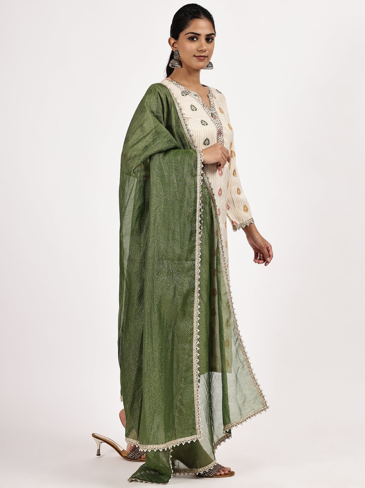 Beige Printed Kurta Set with Green Dupatta