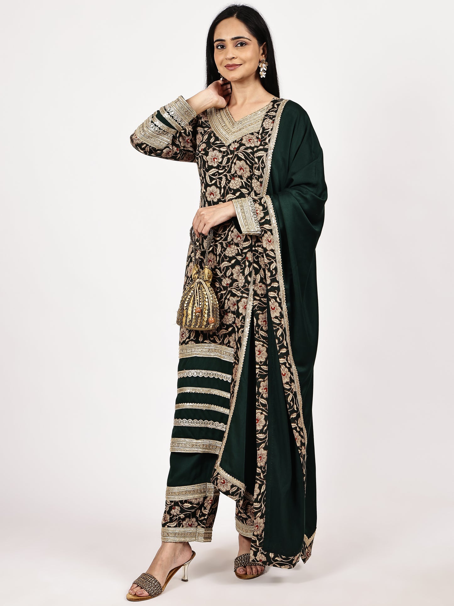 Floral Embroidered Kurta Set with Green Dupatta