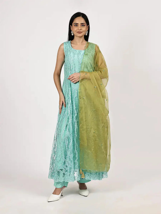 Aqua Blue Sleeveless Embroidered Anarkali with Olive Dupatta House Of Paral