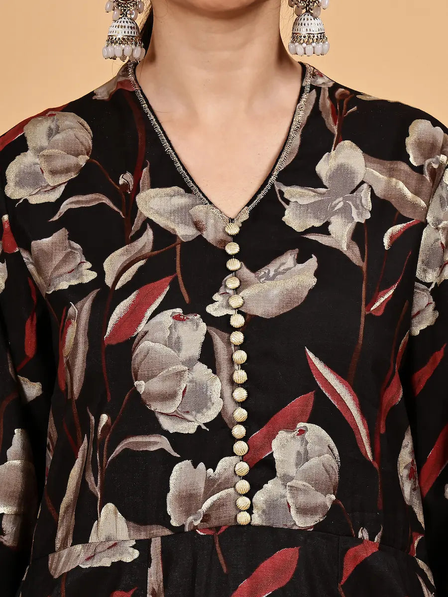 Black Floral Printed Kurta Set with Golden Dupatta