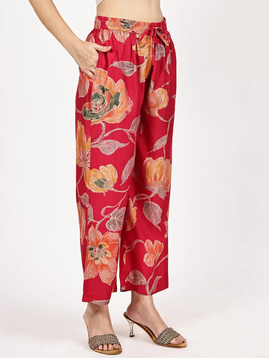Dark Pink Viscose Embellished Kurta Set with Vibrant Floral Dupatta