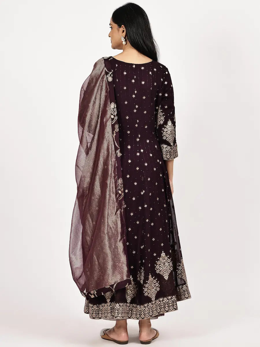 Deep Brown Brocade Anarkali Kurta Set with Zari Dupatta