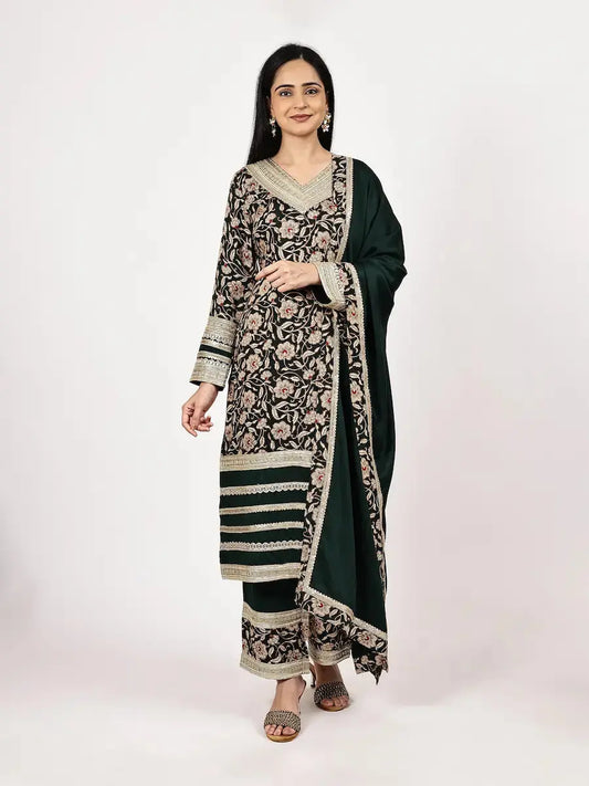 Deep Green Printed Kurta Set with Embellished Borders House Of Paral