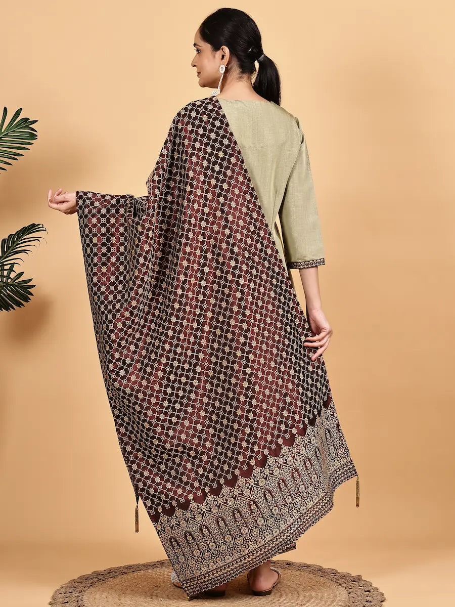 Olive Silk Blend Kurta Set with Woven Jacquard Pants and Dupatta