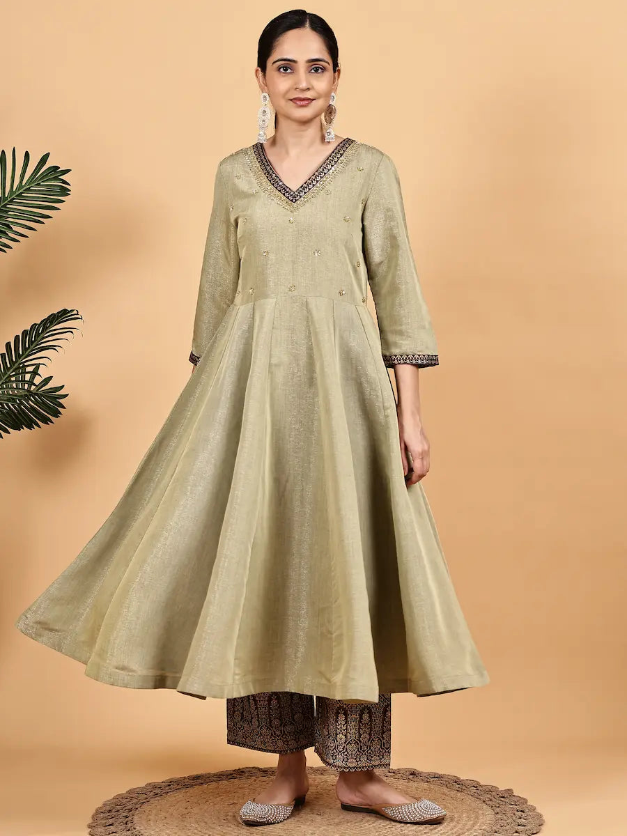 Olive Silk Blend Kurta Set with Woven Jacquard Pants and Dupatta
