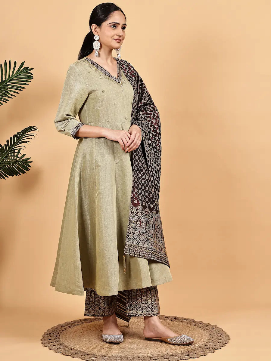 Olive Silk Blend Kurta Set with Woven Jacquard Pants and Dupatta