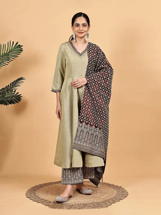 Olive Silk Blend Kurta Set with Woven Jacquard Pants and Dupatta House Of Paral