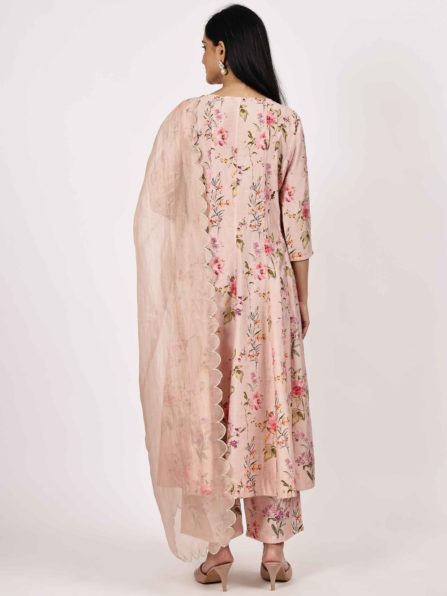 Peach Poly Blend Embroidered Kurta Set with Pink Dupatta