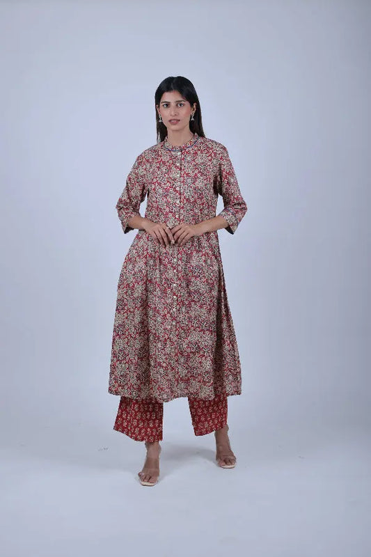 Metalic red Printed A Line Kurta along with Printed Pants House Of Paral