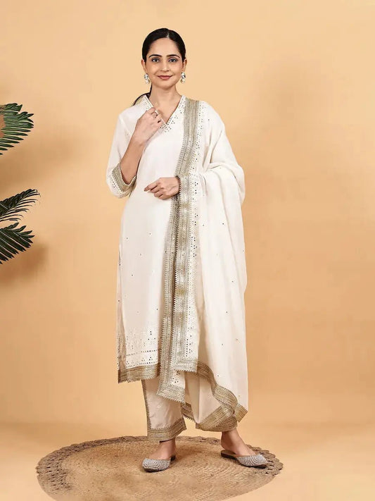 Golden and White Cotton Kurta Set with Mirror Work & Lace Dupatta product_color KURTA SET