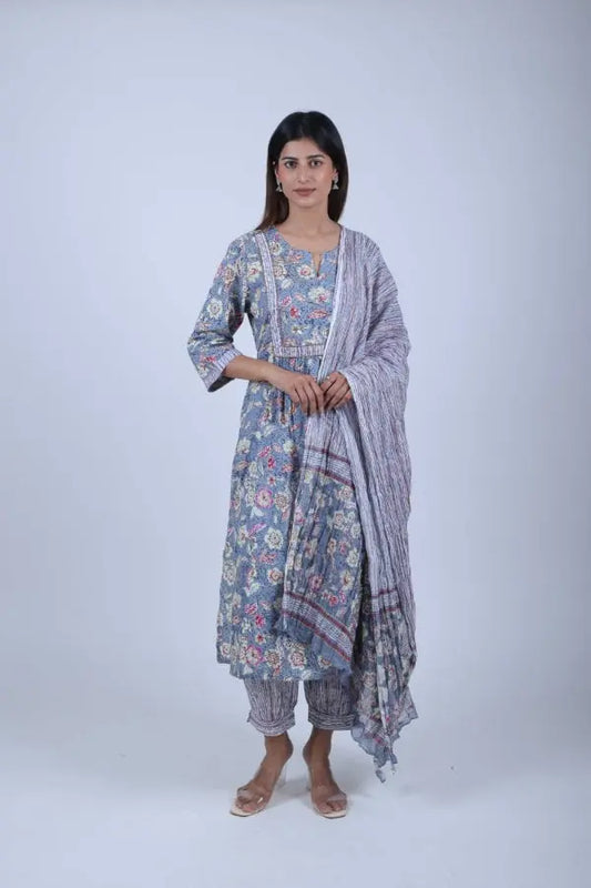 Grey Printed Kurta Along With afghani Printed Pants and printed Dupatta product_color KURTA SET