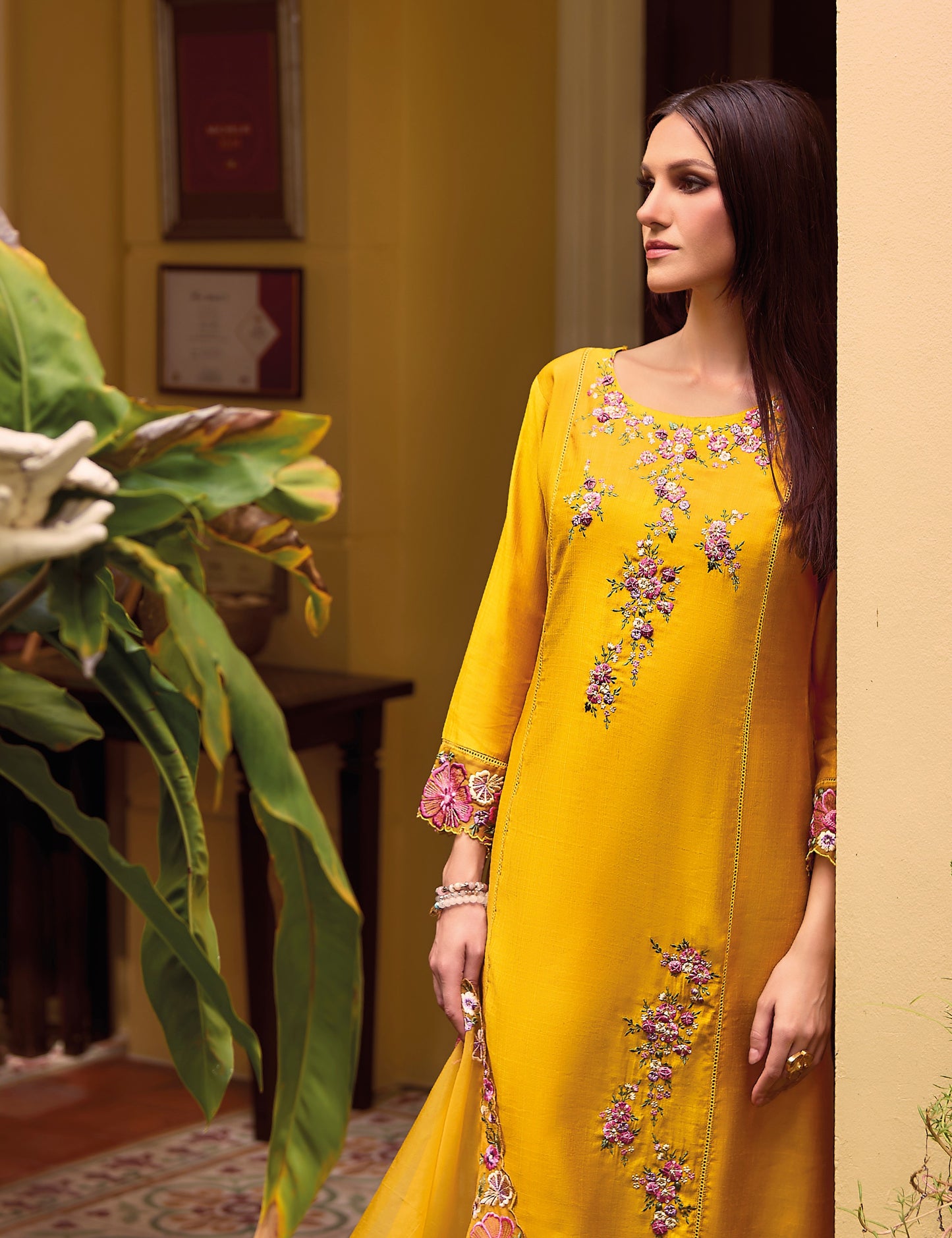 Yellow straight embroidered Kurta along with Pants and  embroidered organza dupatta