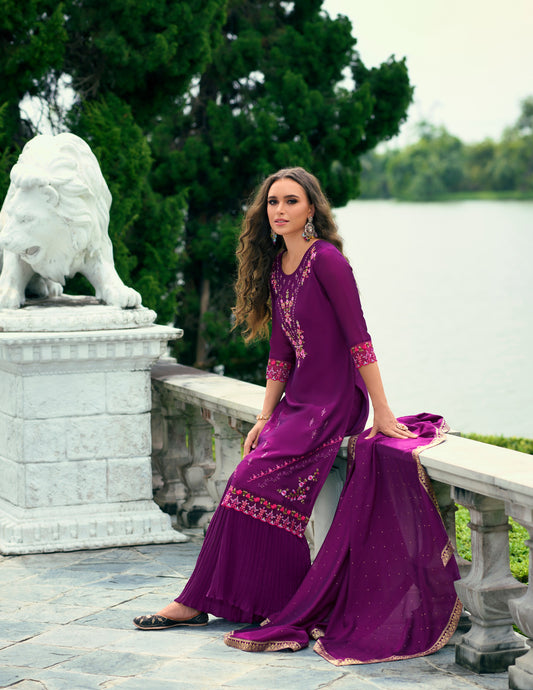 Purple straight embroidered Kurta along with sharara and Silk Dupatta