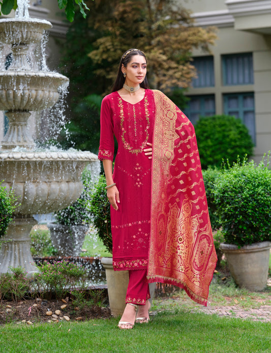 Red straight embroidered Kurta along with Pants and Jacquard  Dupatta