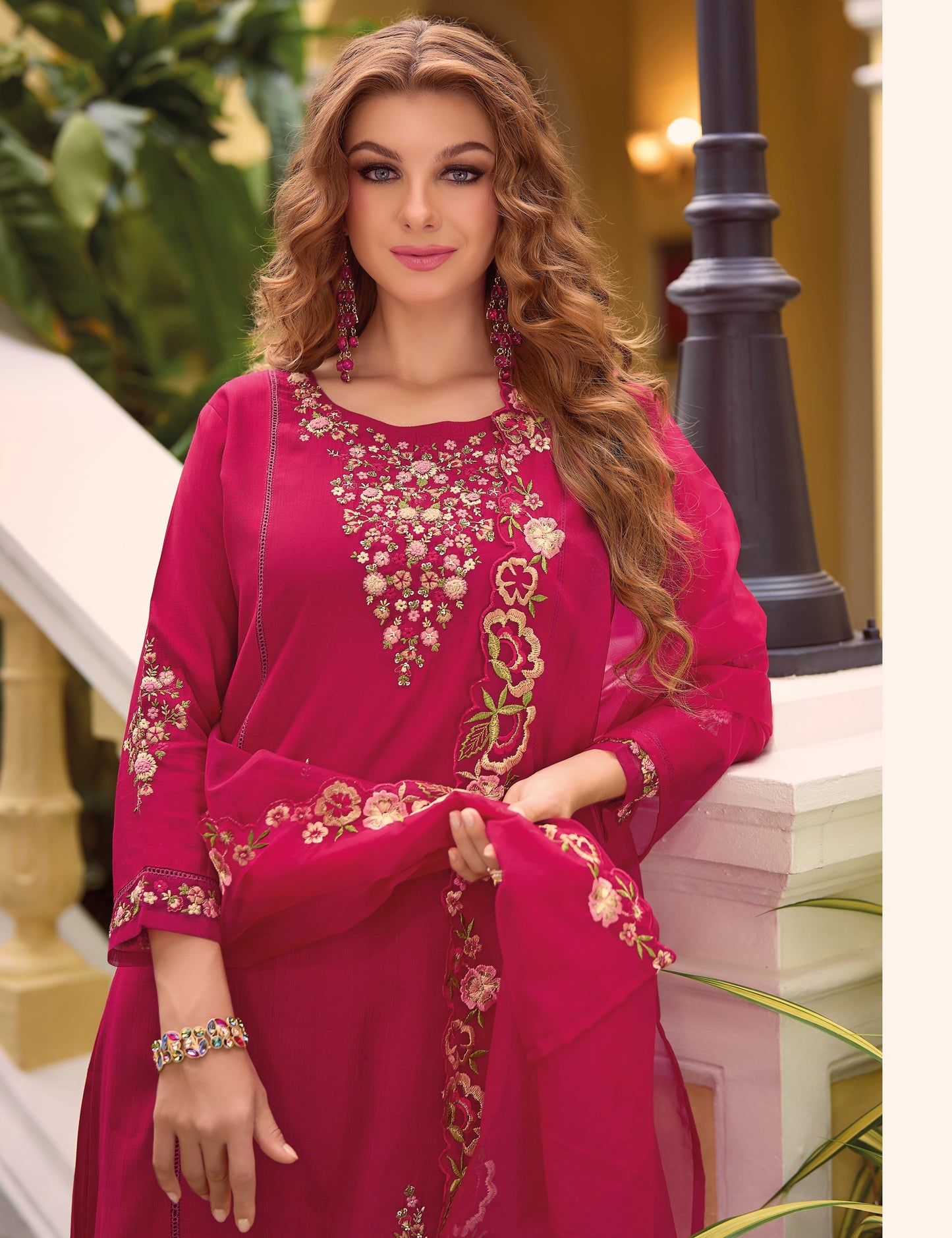 Ruby Red straight embroidered Kurta along with Pants and embroidered organza dupatta