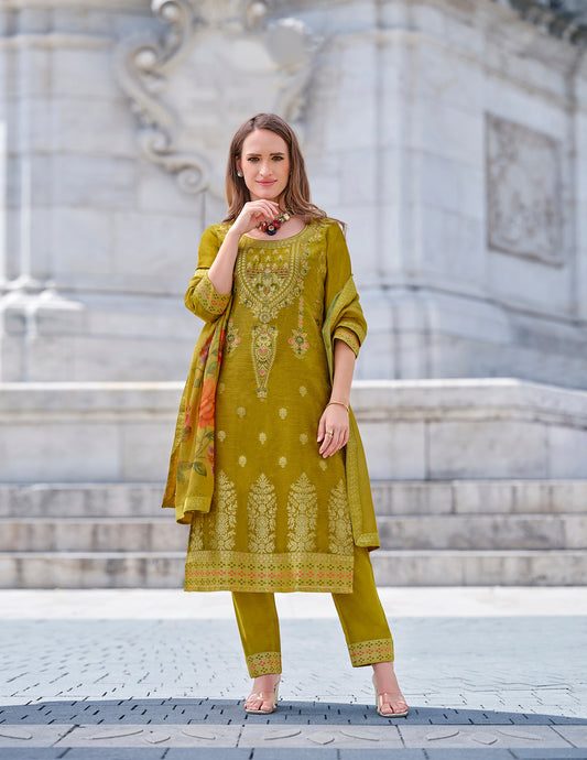 Light Green straight embroidered Kurta along with Pants and Silk dupatta