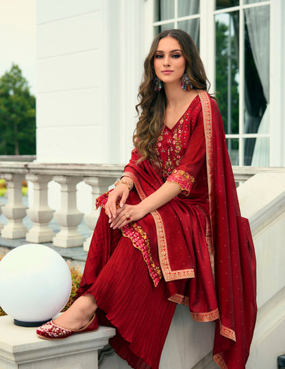 Red Printed Straight Kurta along with sharara and Silk Dupatta