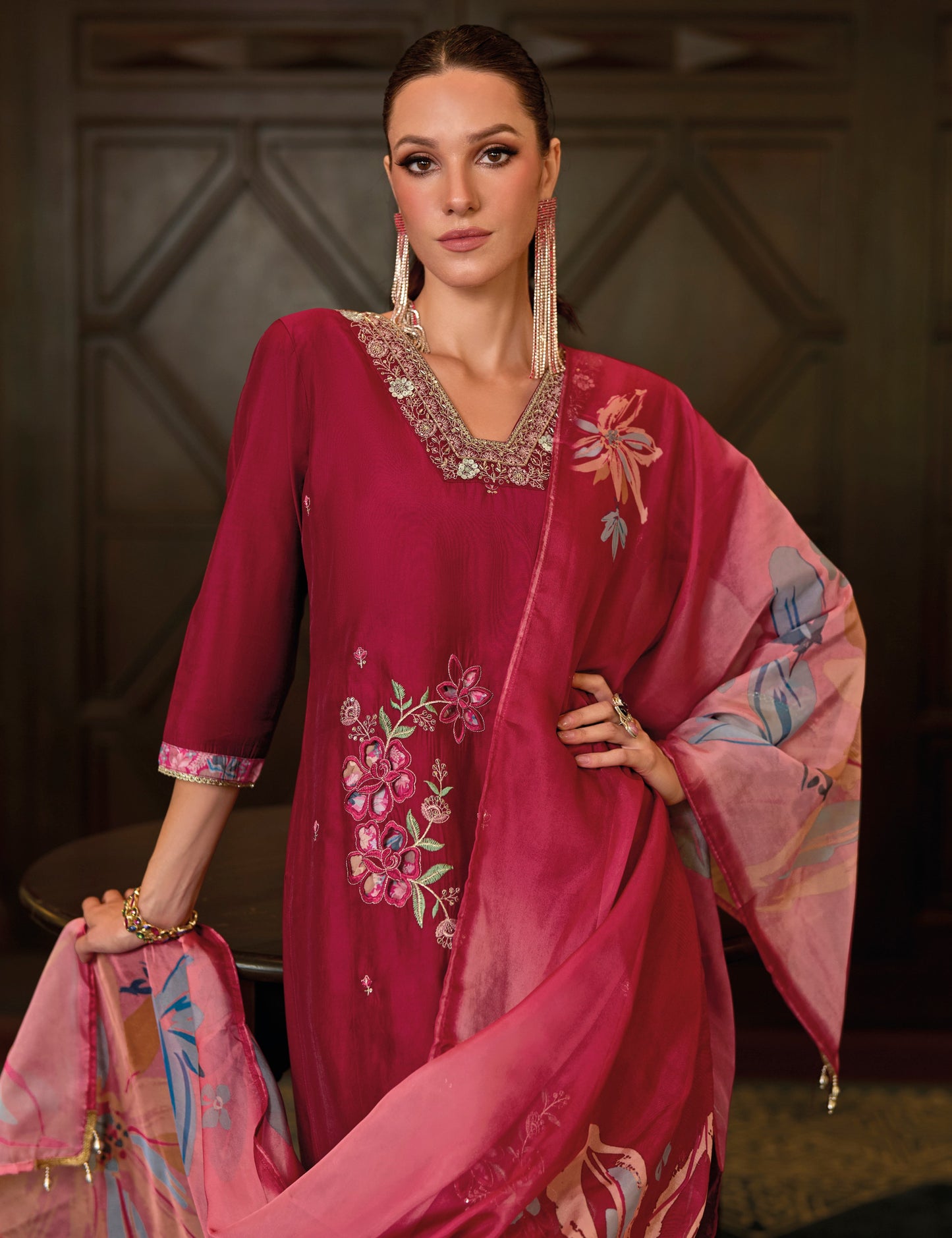 Red straight embroidered Kurta along with Pants and printed organza Dupatta