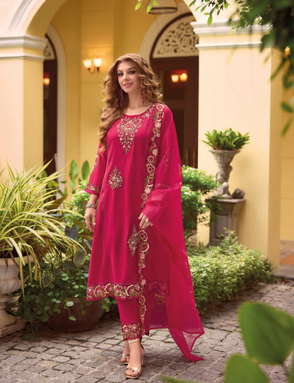 Ruby Red straight embroidered Kurta along with Pants and embroidered organza dupatta