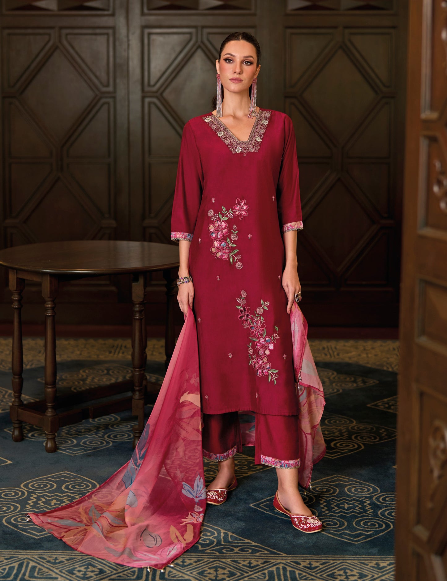 Red straight embroidered Kurta along with Pants and printed organza Dupatta