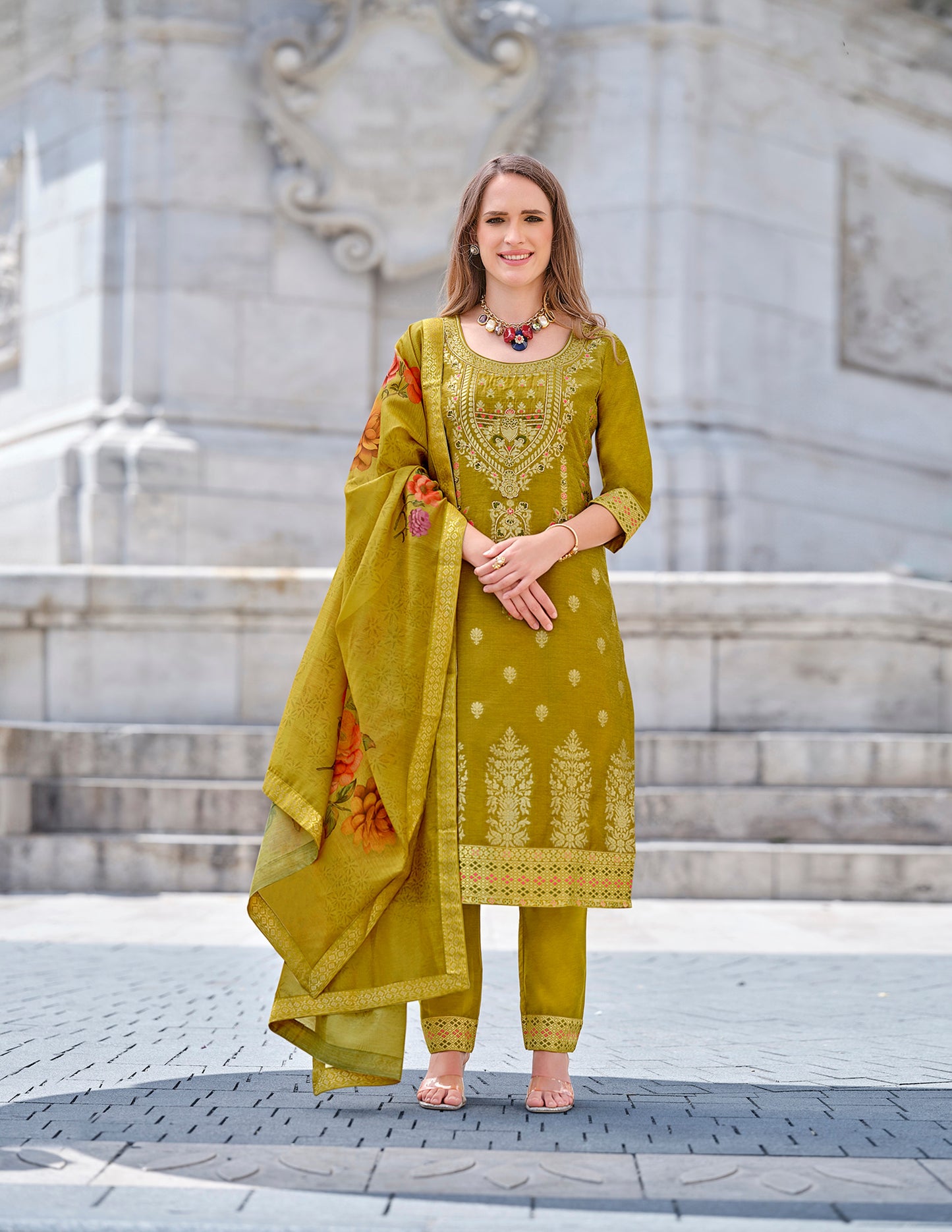 Light Green straight embroidered Kurta along with Pants and Silk dupatta