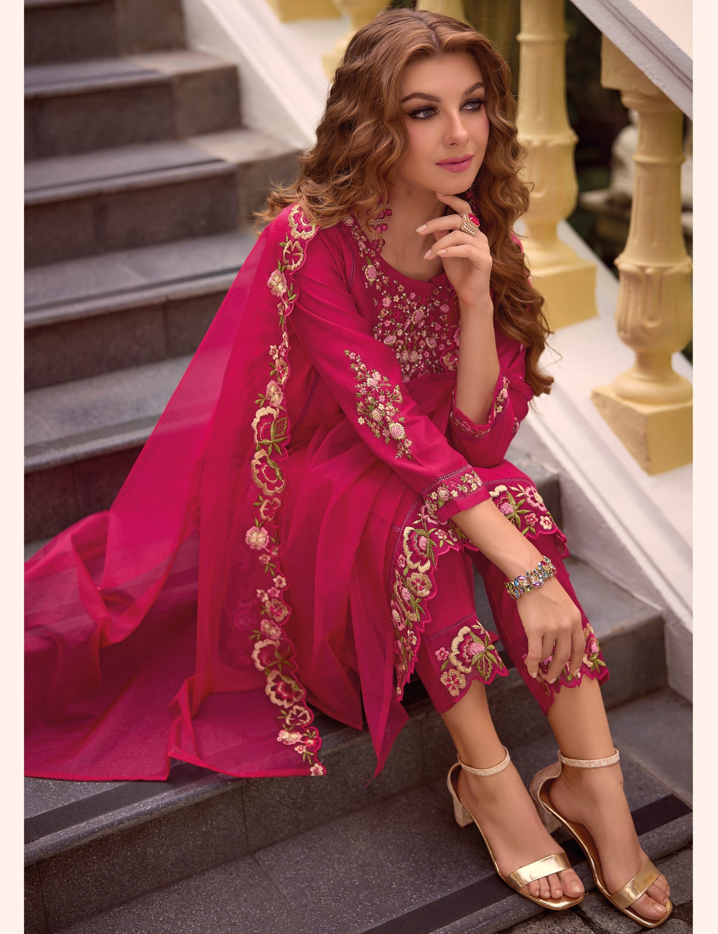 Ruby Red straight embroidered Kurta along with Pants and embroidered organza dupatta