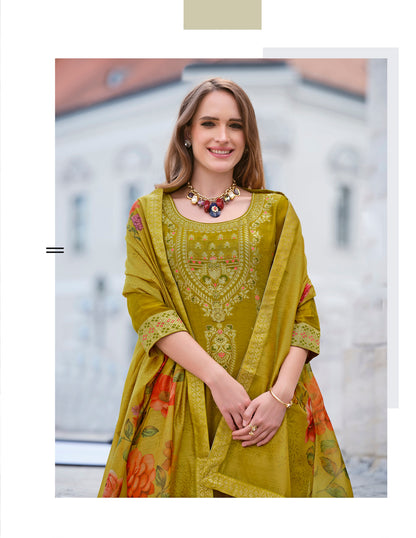 Light Green straight embroidered Kurta along with Pants and Silk dupatta