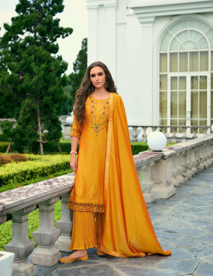 Orange Printed Straight Kurta along with sharara and Silk Dupatta