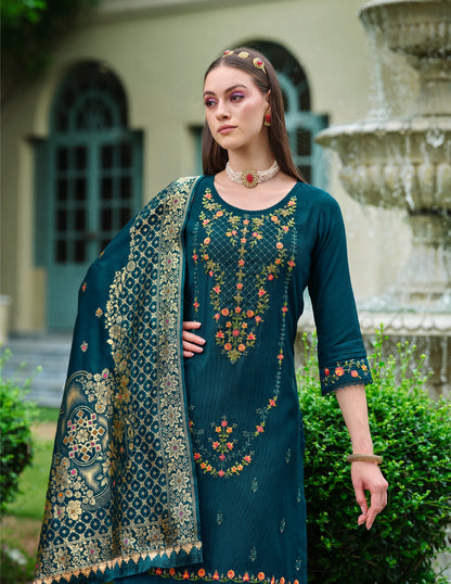 Dark Green straight embroidered Kurta along with Pants and Jacquard dupatta