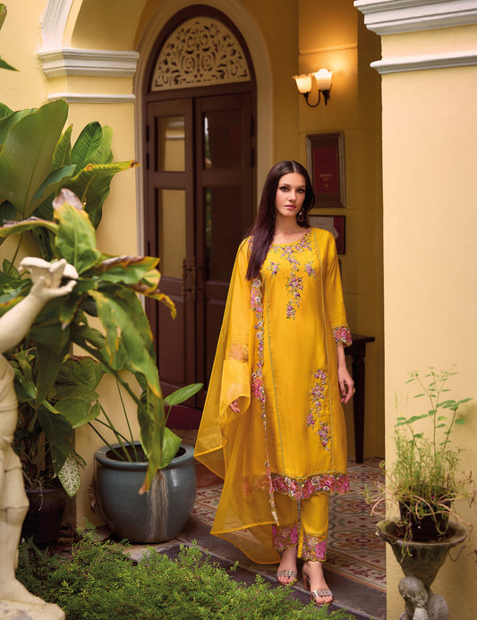 Yellow straight embroidered Kurta along with Pants and  embroidered organza dupatta