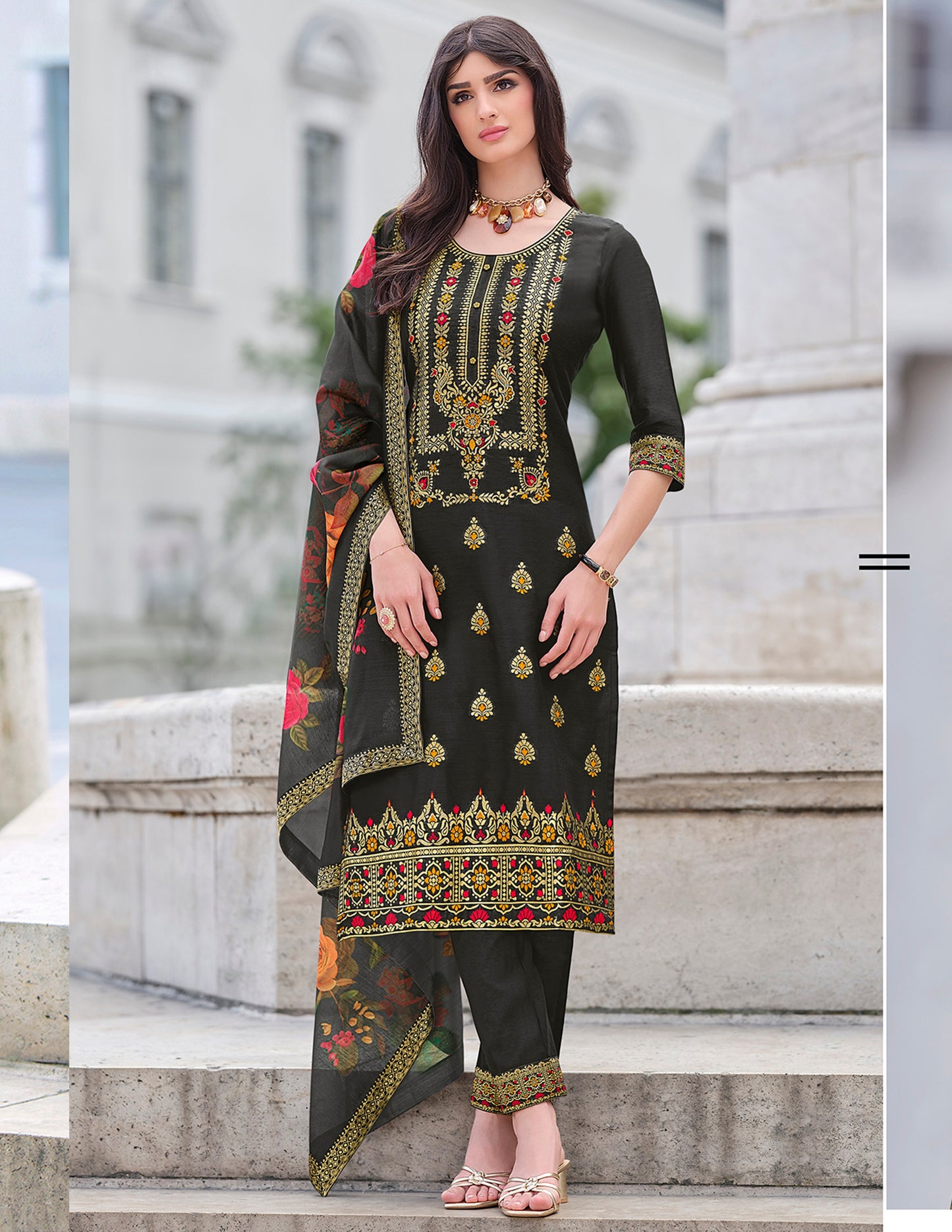 Black straight embroidered Kurta along with Pants and Silk dupatta