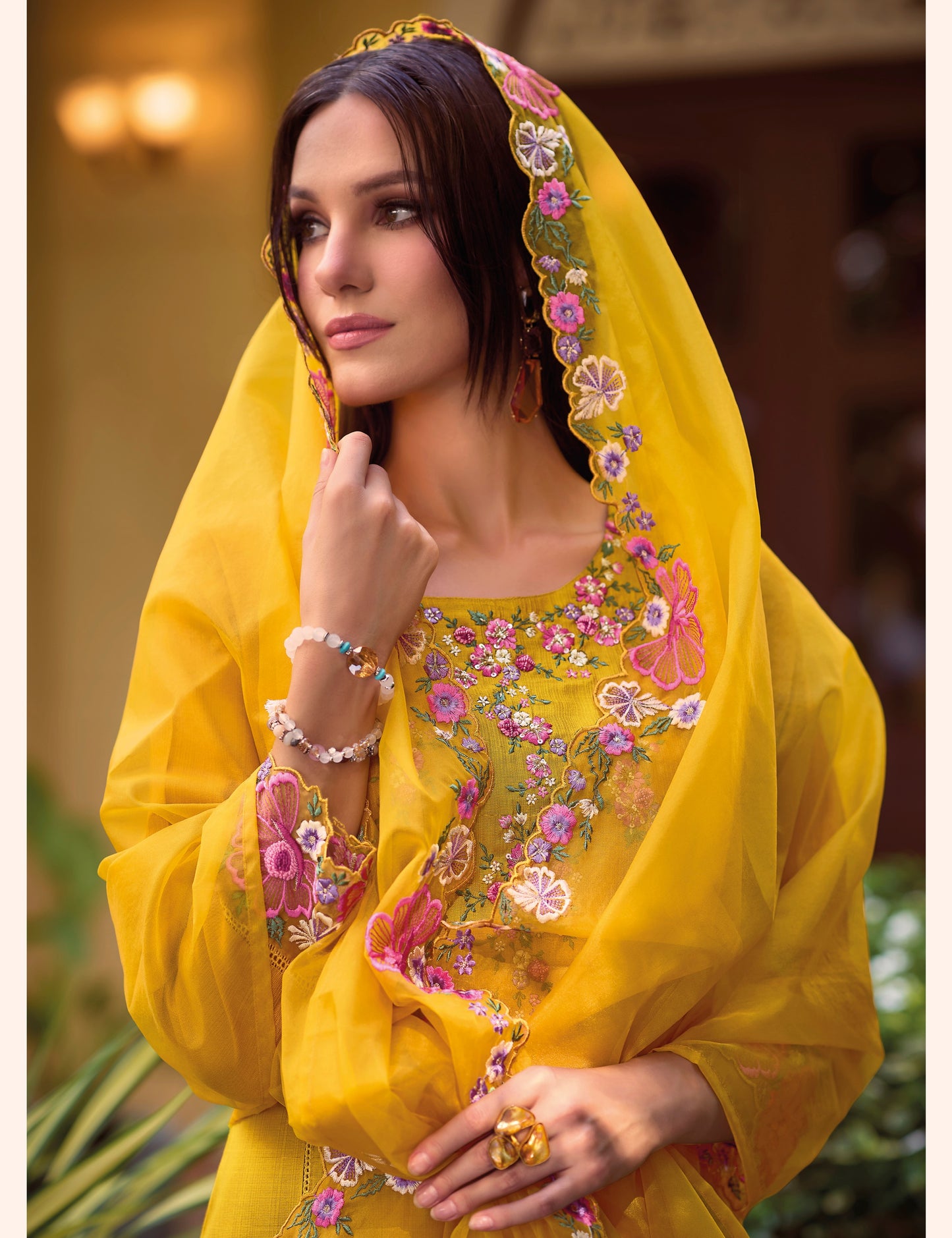 Yellow straight embroidered Kurta along with Pants and  embroidered organza dupatta