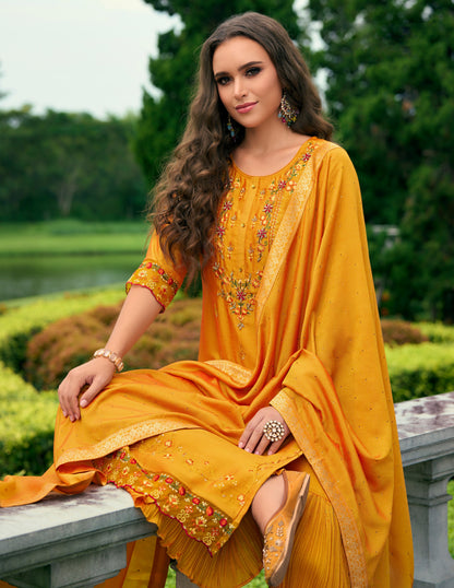 Orange Printed Straight Kurta along with sharara and Silk Dupatta