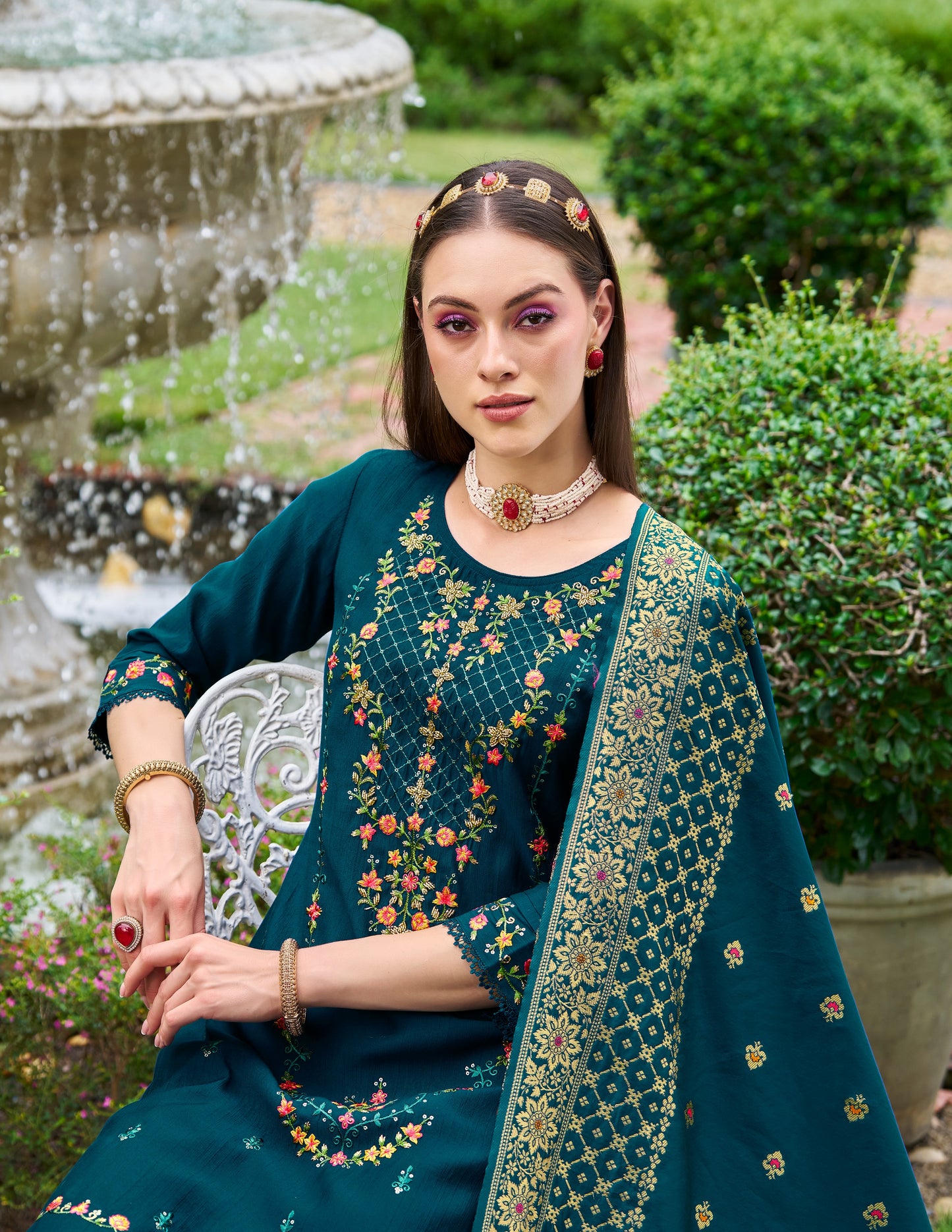 Dark Green straight embroidered Kurta along with Pants and Jacquard dupatta