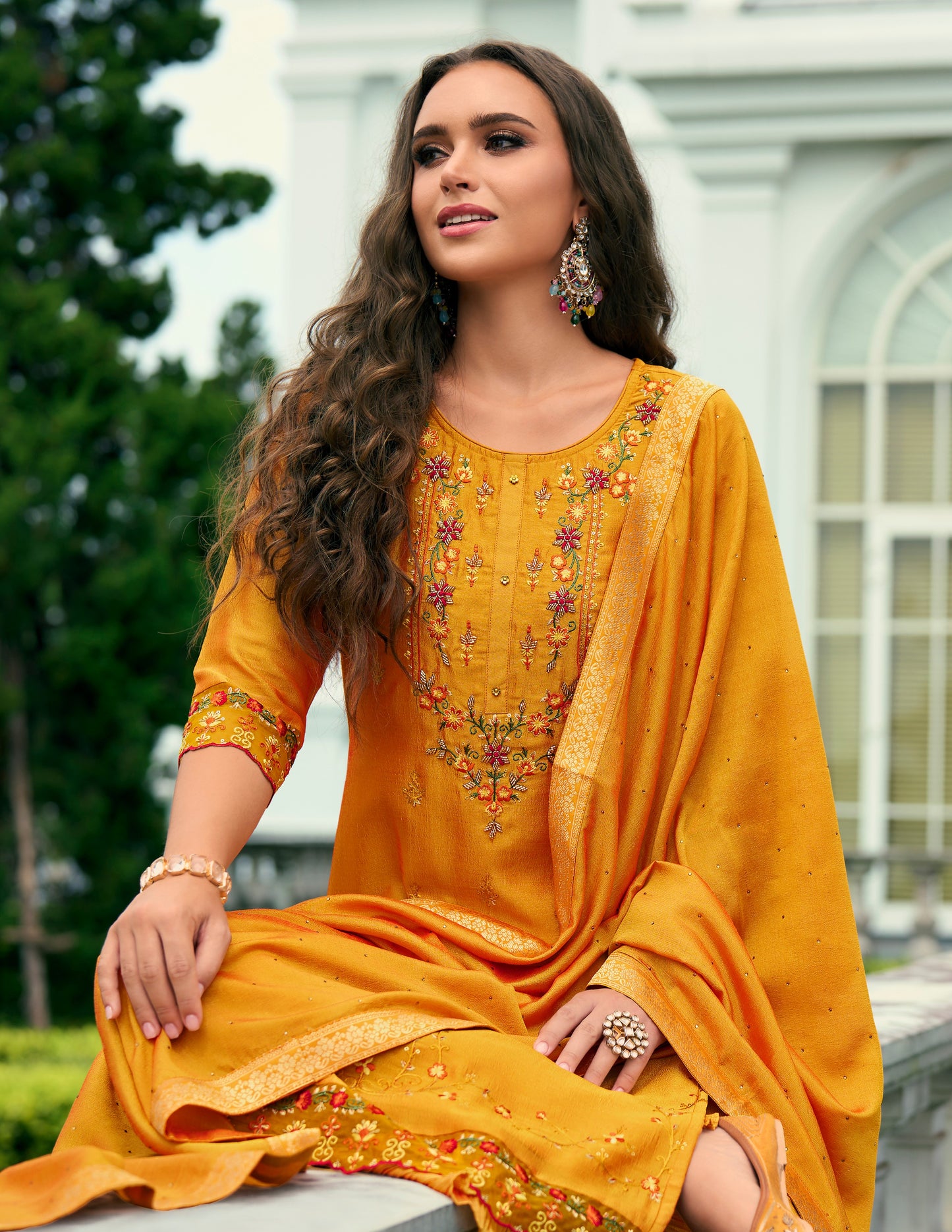 Orange Printed Straight Kurta along with sharara and Silk Dupatta