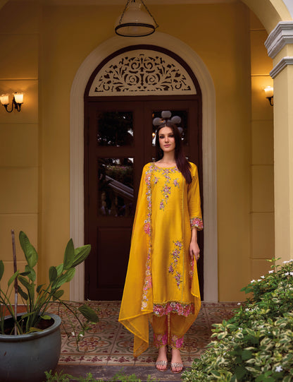 Yellow straight embroidered Kurta along with Pants and  embroidered organza dupatta