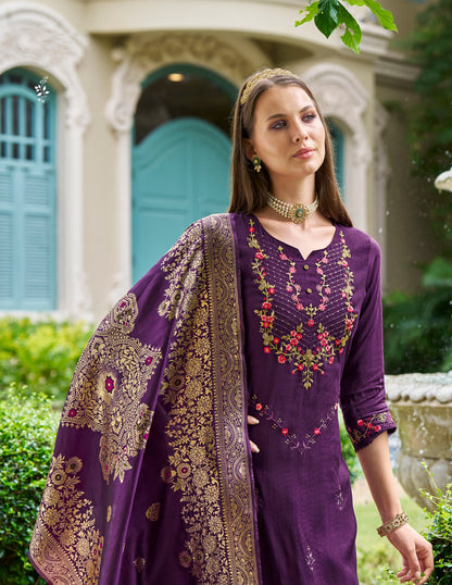 Purple straight embroidered Kurta along with Pants and Jacquard dupatta