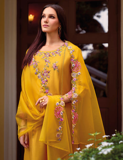 Yellow straight embroidered Kurta along with Pants and  embroidered organza dupatta