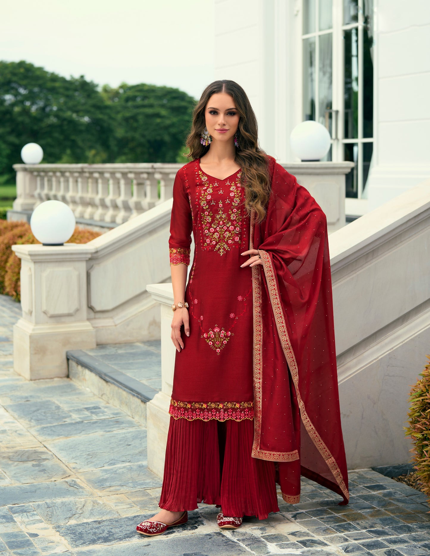 Red Printed Straight Kurta along with sharara and Silk Dupatta