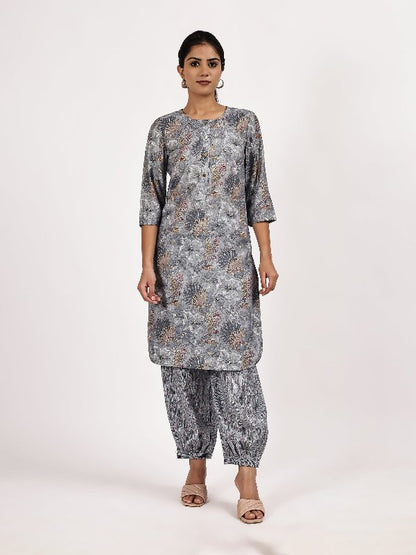 Grey Casual Printed Kurta with afghani salwar