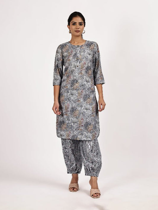 Grey Casual Printed Kurta with afghani salwar