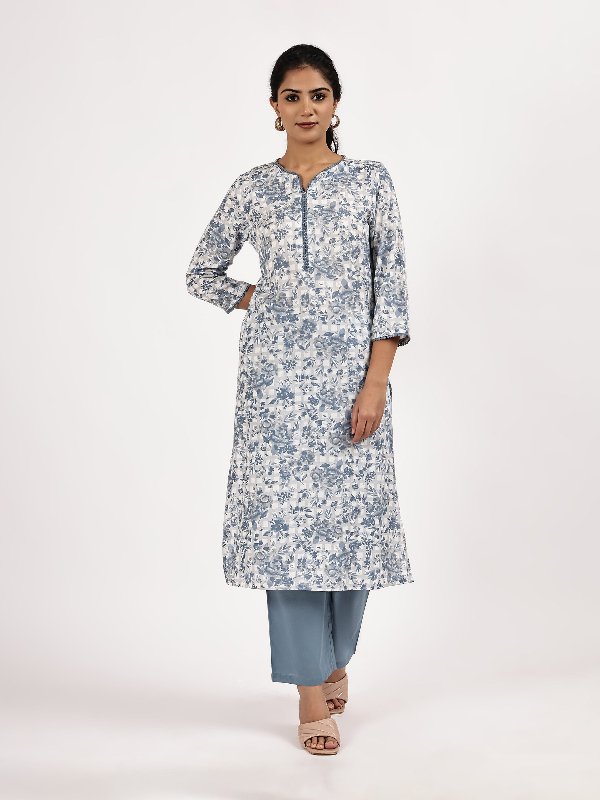 Blue & White Floral Printed Straight Kurta with Pants
